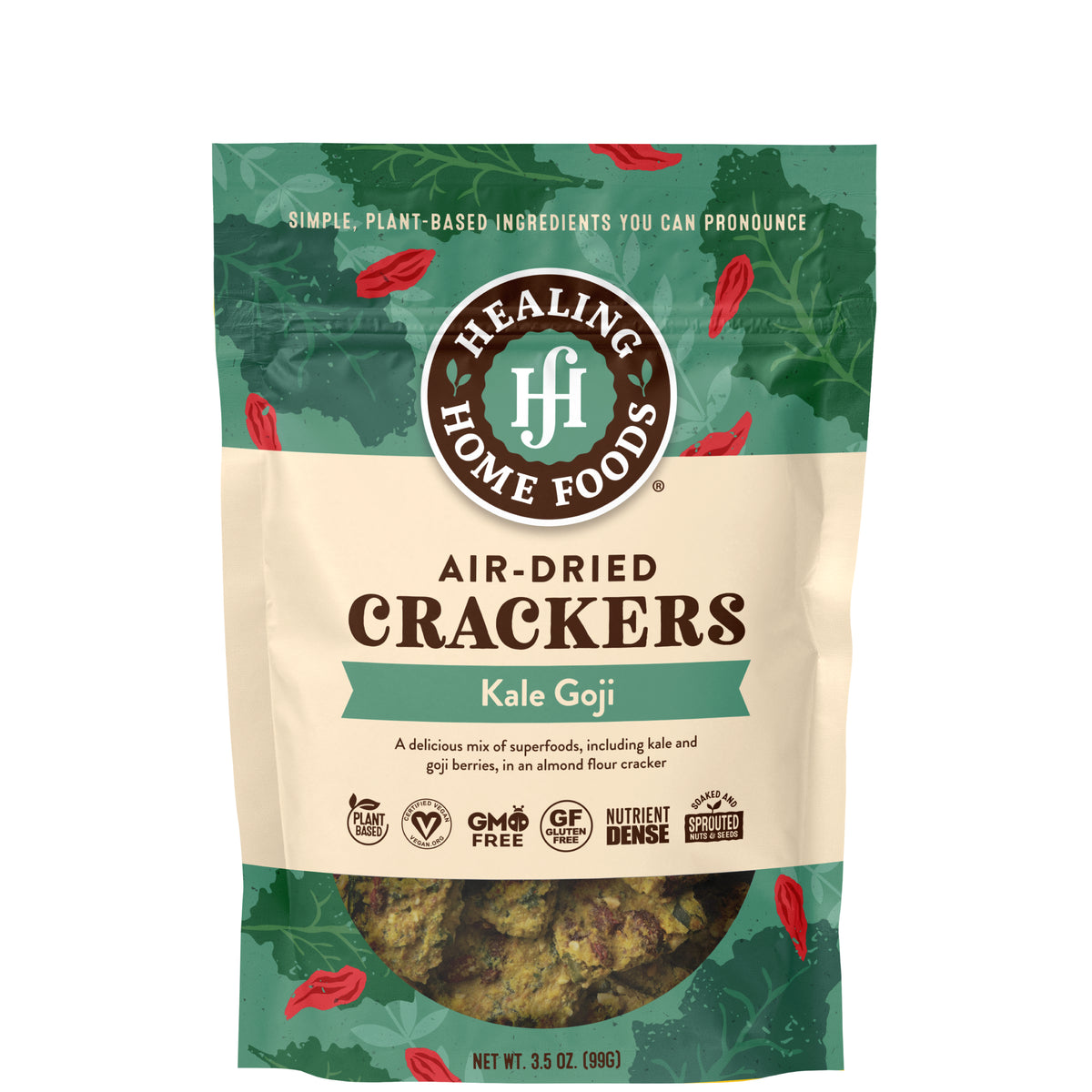 Healing Home Foods Kale Goji air-dried crackers packaging on a white background