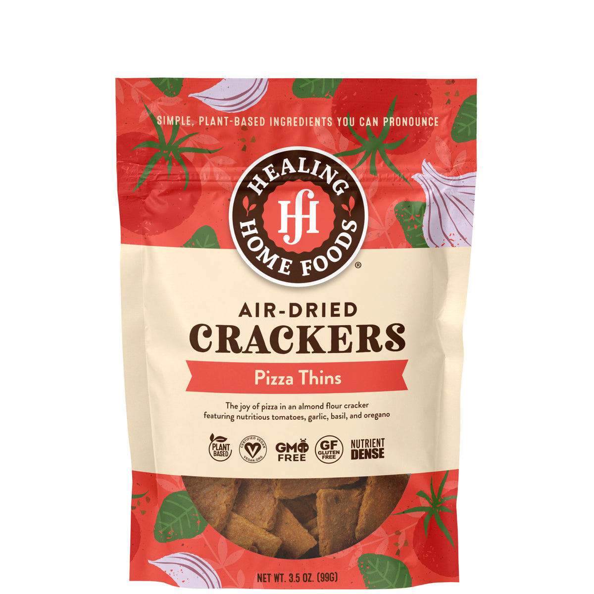 Healing Home Foods Pizza Thins air-dried crackers packaging on a white background