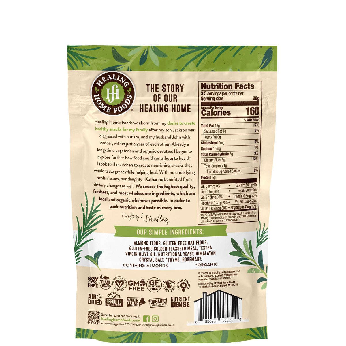 Back of a Healing Home Foods package with text and nutritional information.