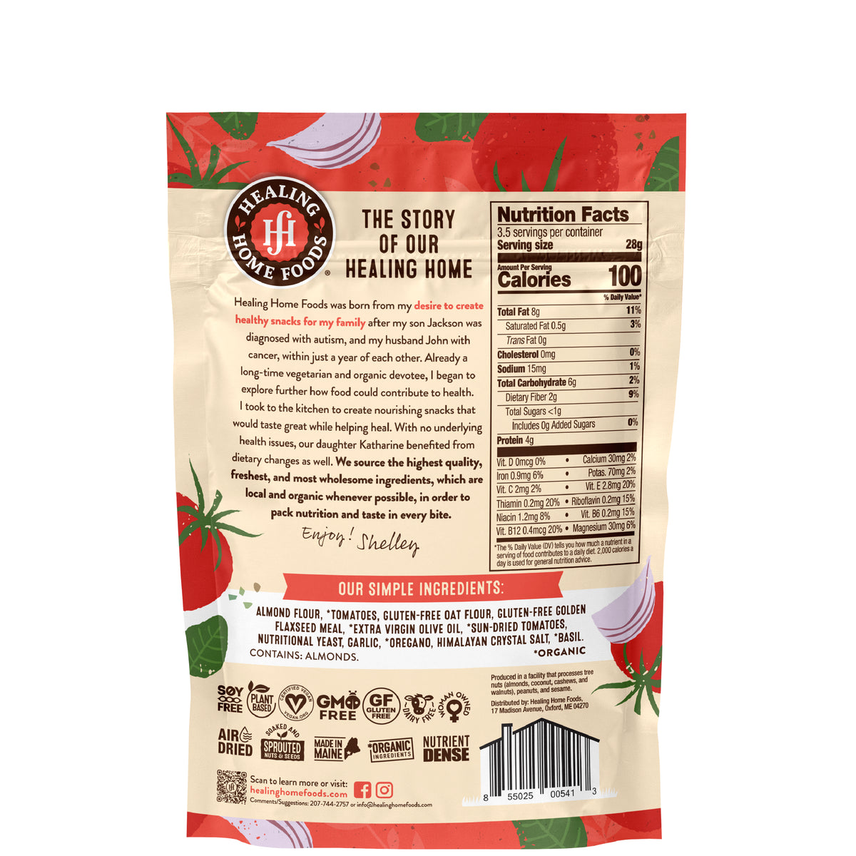 Healing Home Foods product packaging with nutritional information and ingredient list on a white background