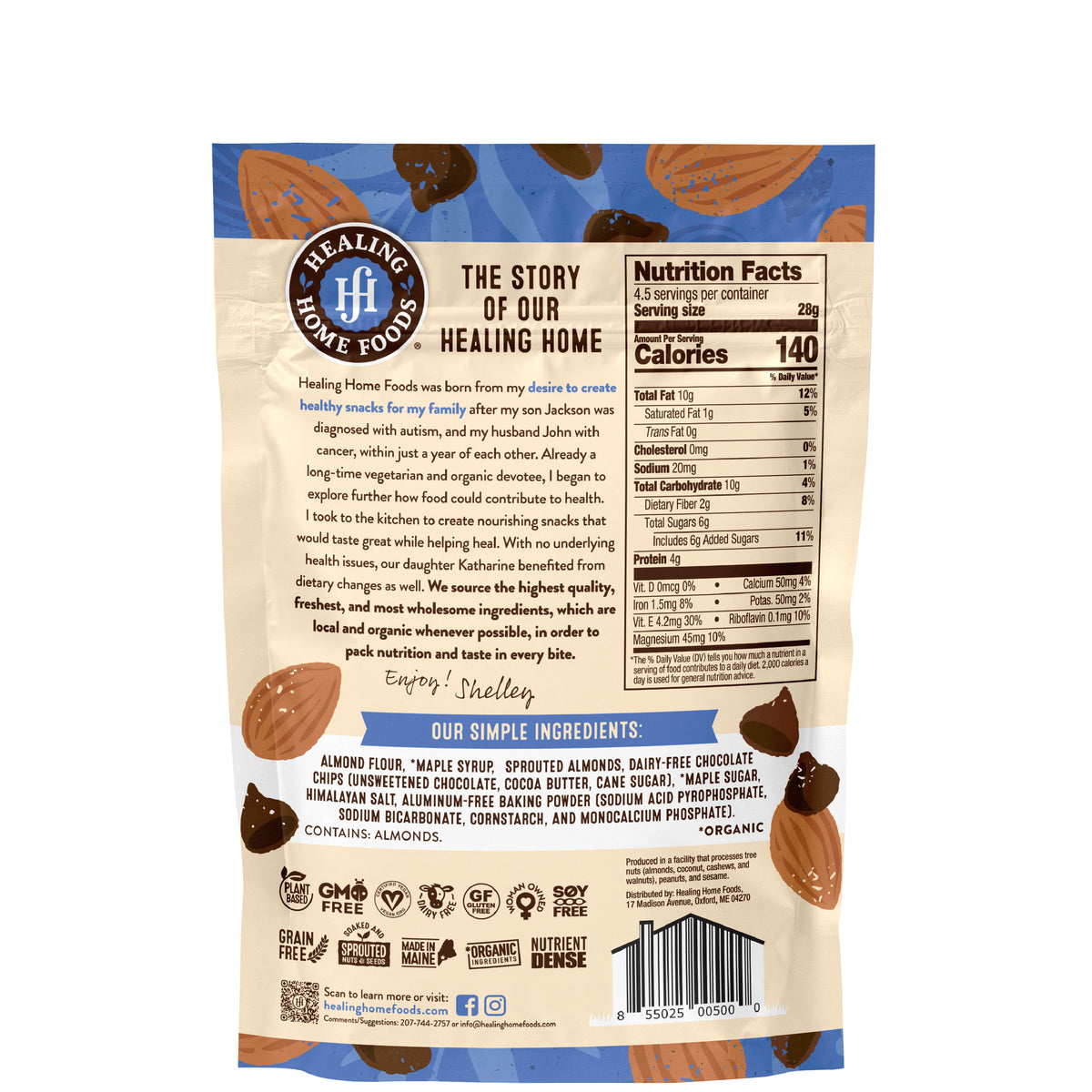 Healing Home Foods product packaging with text and icons on a white background