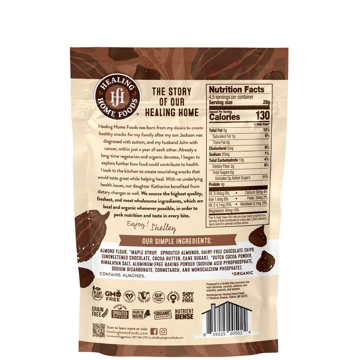 Back of a Healing Home Foods product packaging with text and ingredients list.