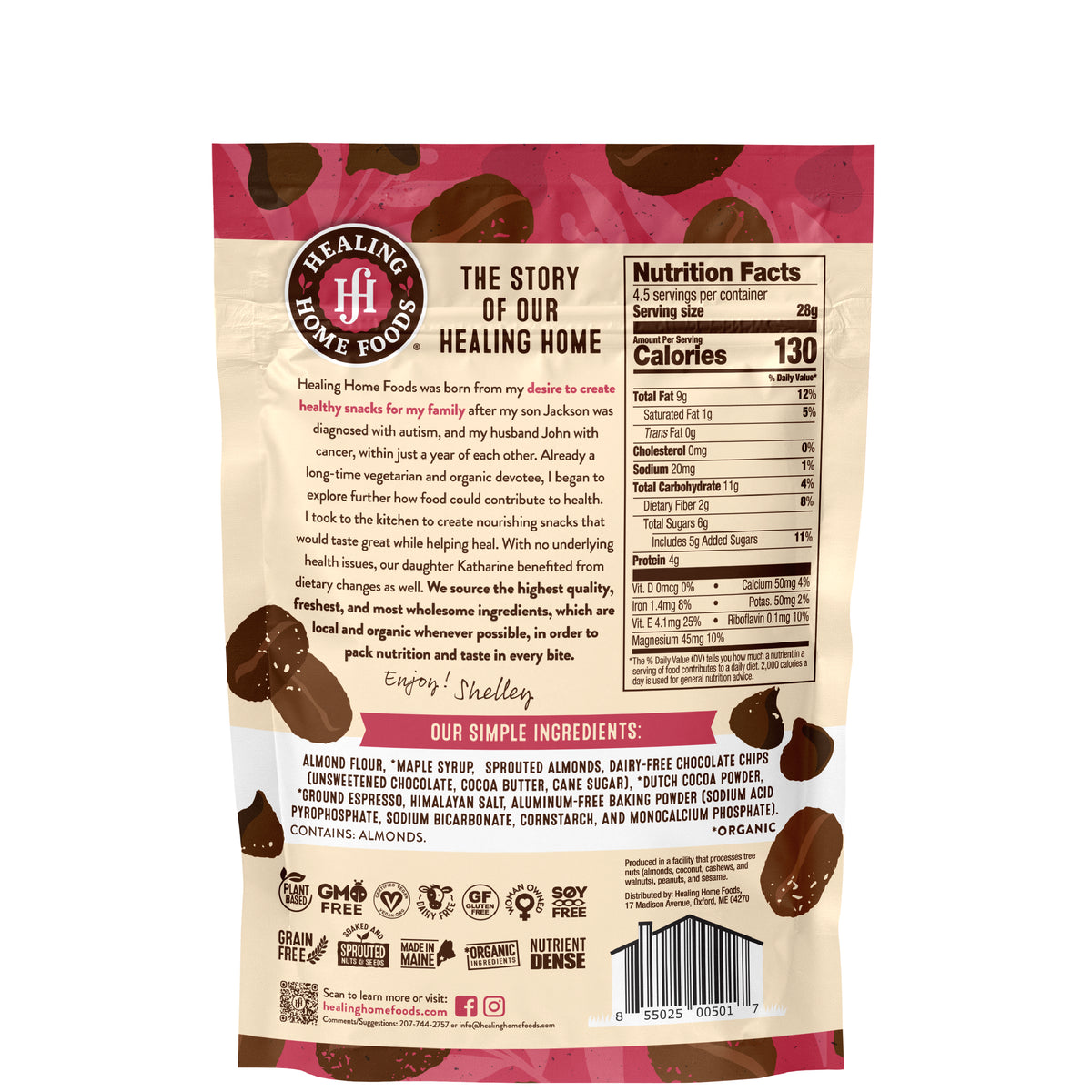 Back of a Healing Home Foods product packaging with text and ingredients listed.