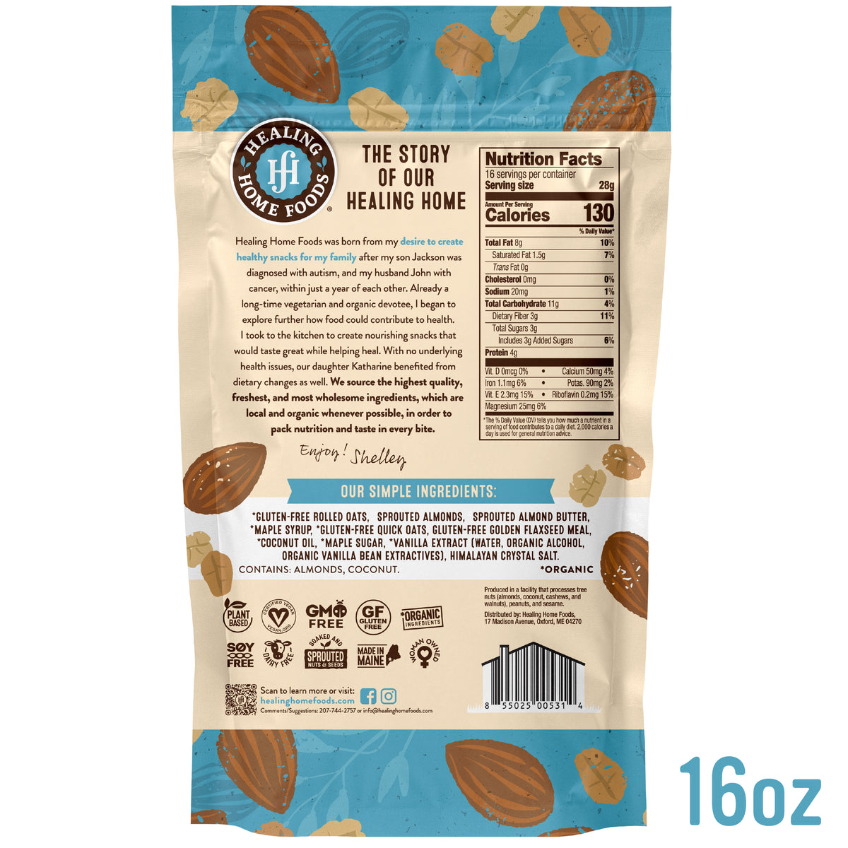 Back of a Healing Home Foods package with text, ingredients list, and branding.