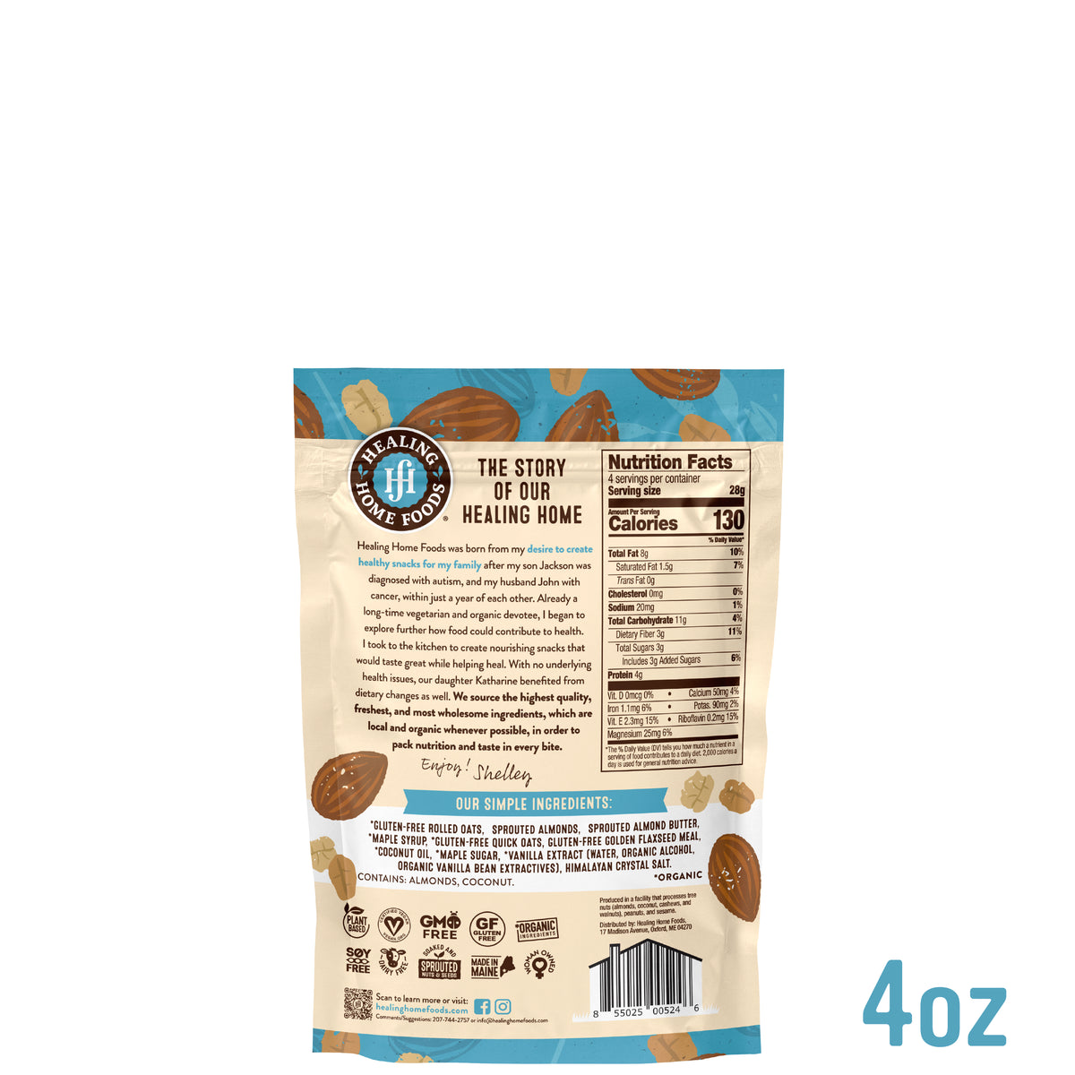 Back of a food package with branding and nutritional information on a white background