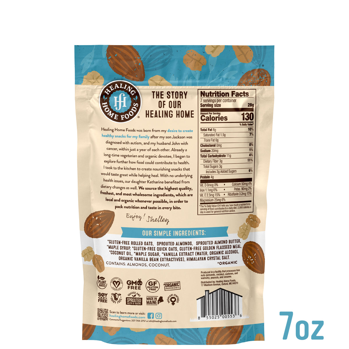 Back of a Healing Home Foods package with text, nutrition facts, and branding.