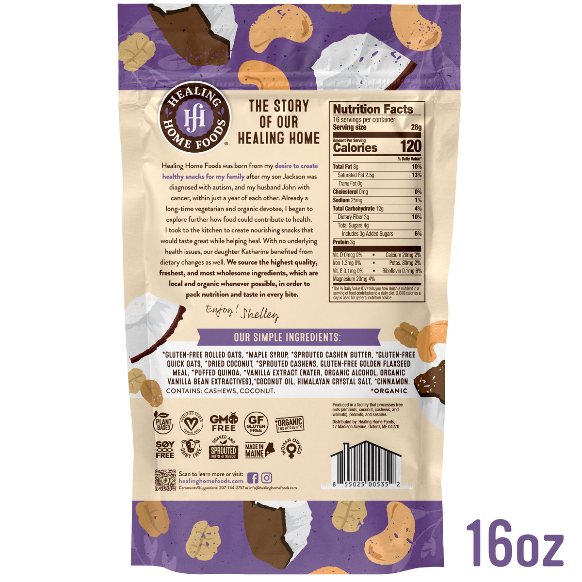 Back of a Healing Home Foods package with nutritional information and ingredient list.