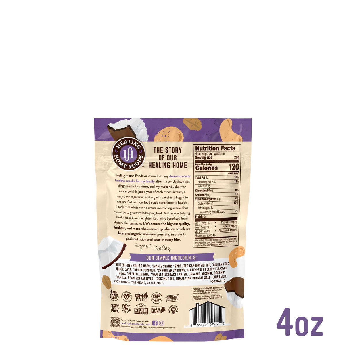 Back of a packaging showing nutritional information and branding on a white background