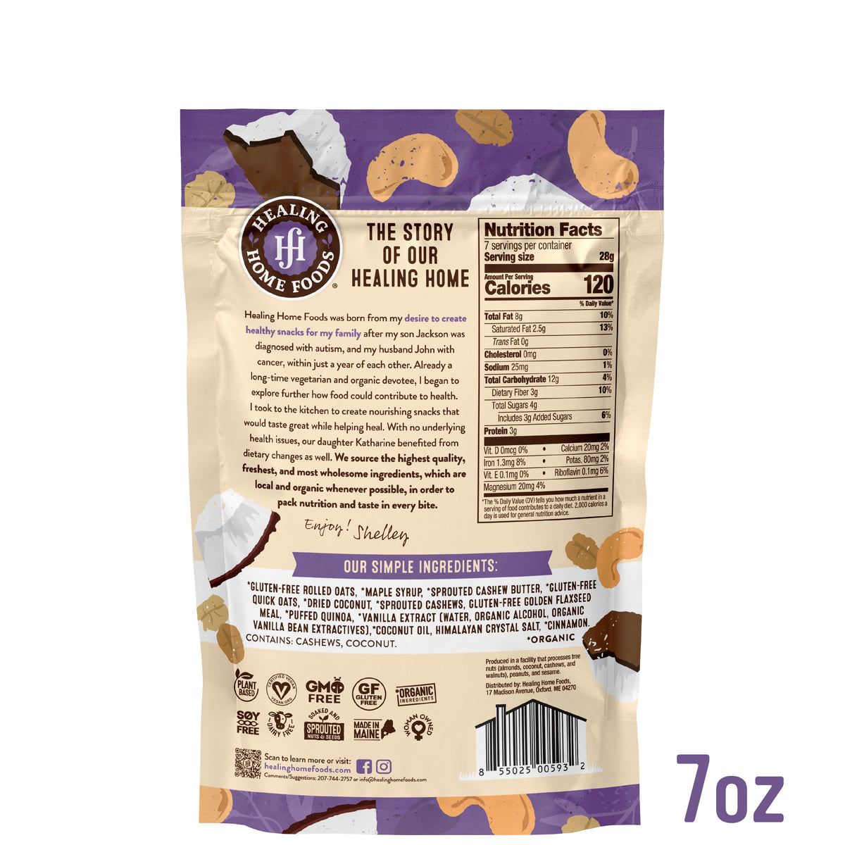 Healing Home Foods snack package with nutritional information and ingredients list.