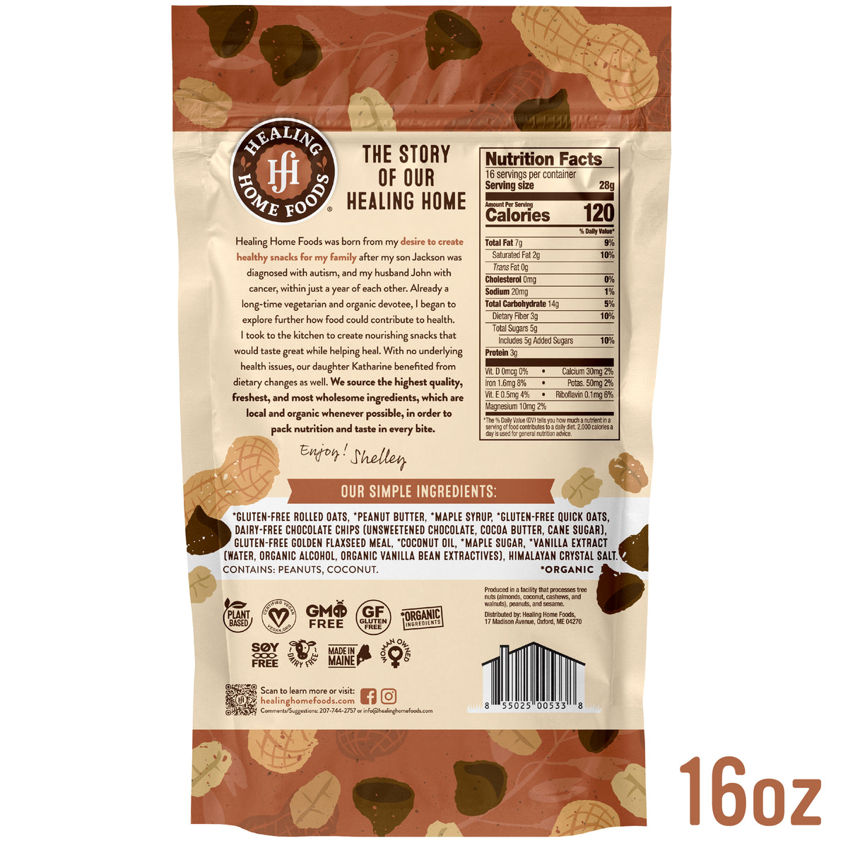 Back of a Healing Home Foods package with text, nutrition facts, and ingredients list.