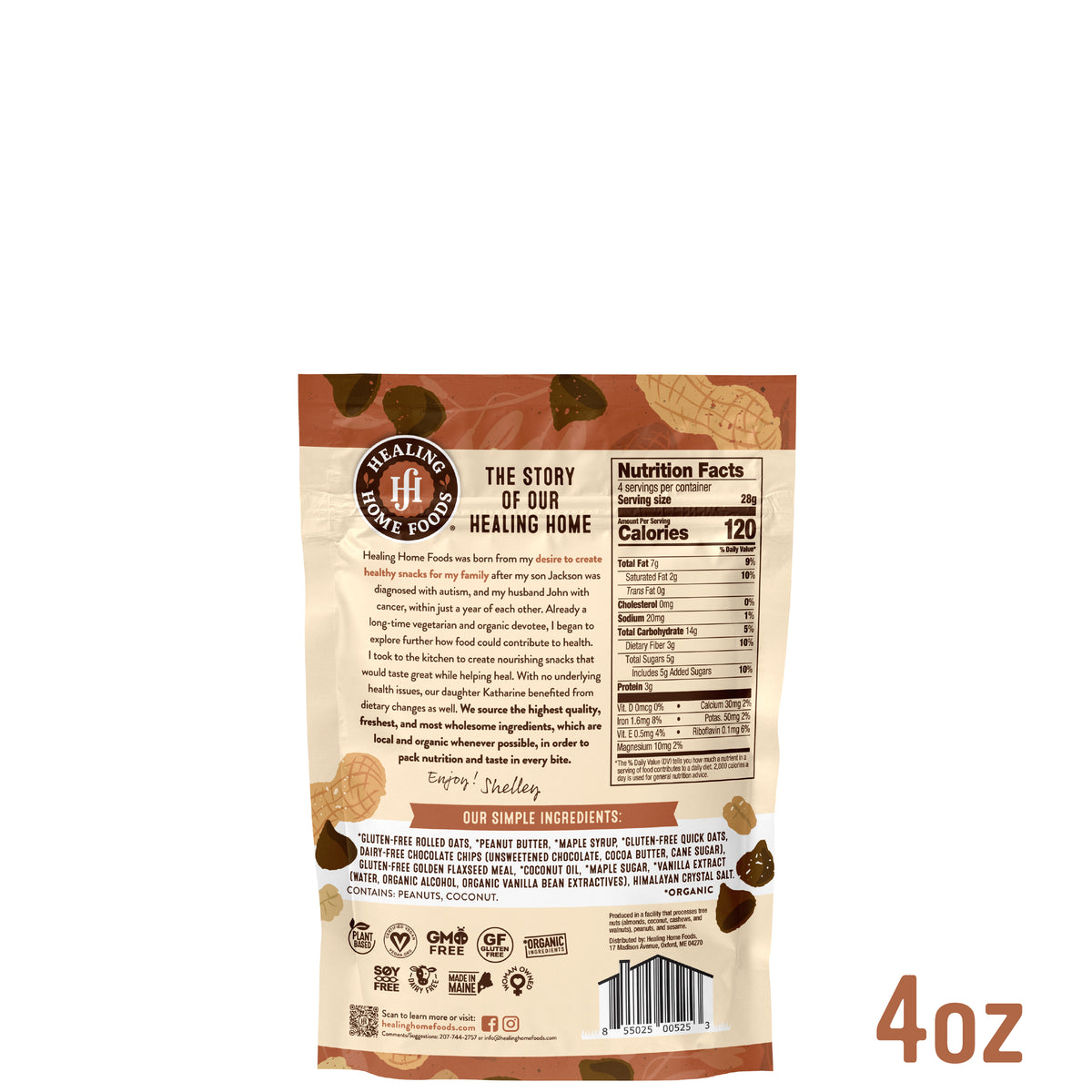 Back of a 4oz package from Healing Home Foods with text and icons.