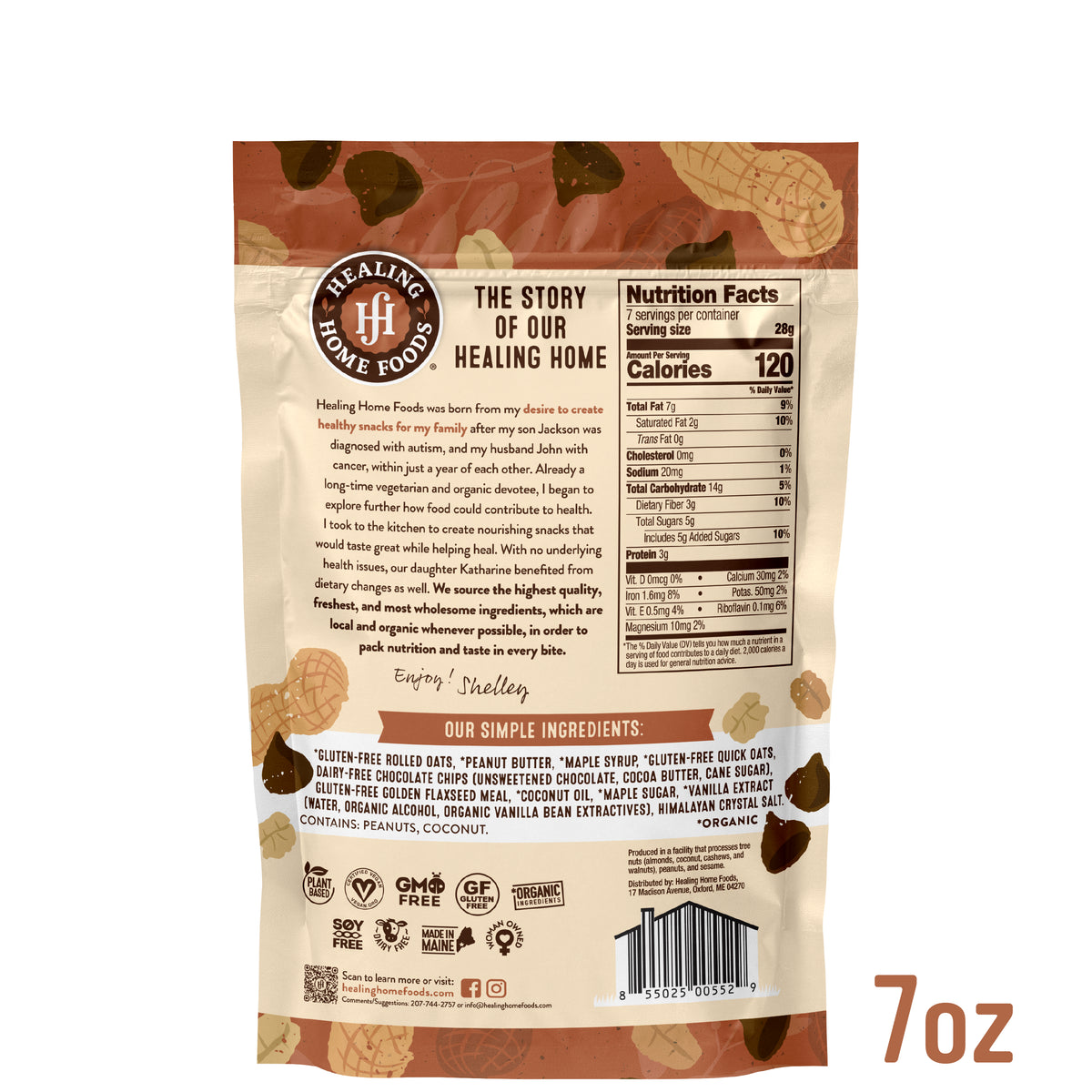 Back of a Healing Home Foods snack package with text and nutrition facts.