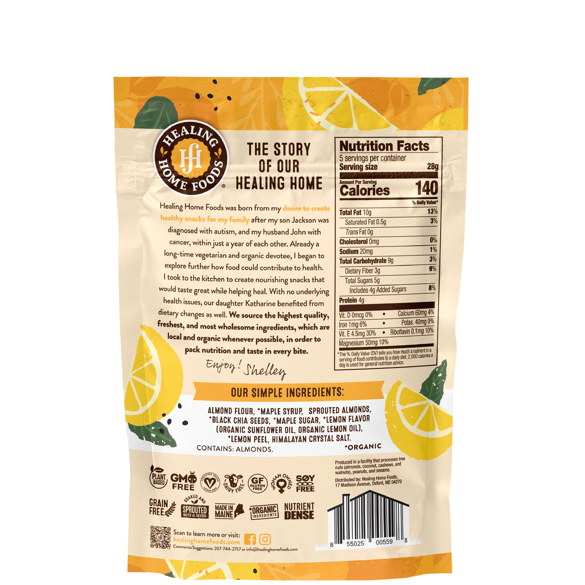 Healing Home Foods product packaging with lemon illustrations and nutritional information.