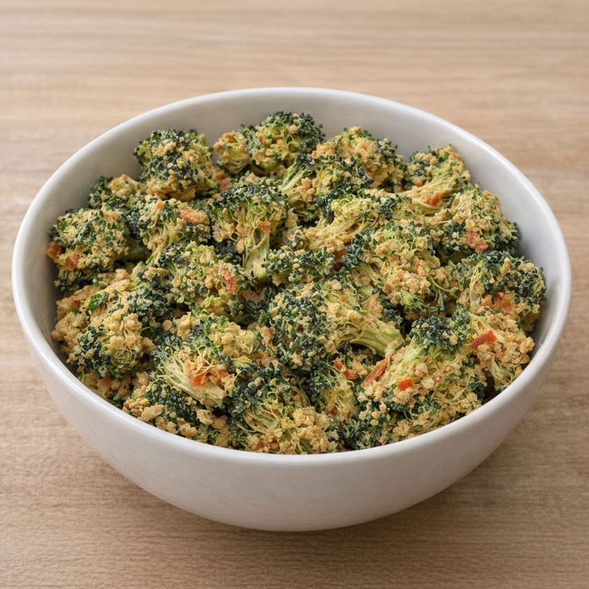 Bowl of cheddar broccoli salad on a wooden surface