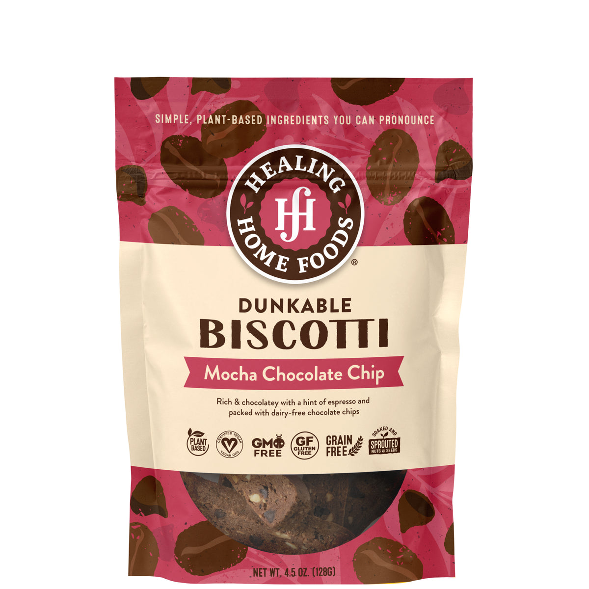 Healing Home Foods Dunkable Biscotti Mocha Chocolate Chip packaging on a white background