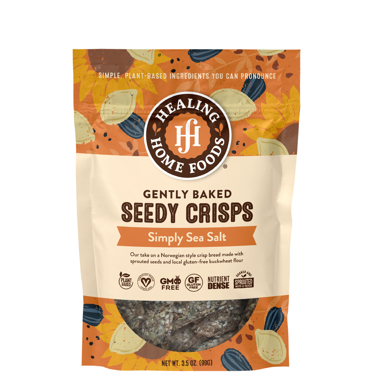 A stand-up pouch of Healing Home Foods Simply Sea Salt Gently Baked Seedy Crisps, featuring a cream and orange design with illustrations of seeds and a clear window showing the salted crisps inside.