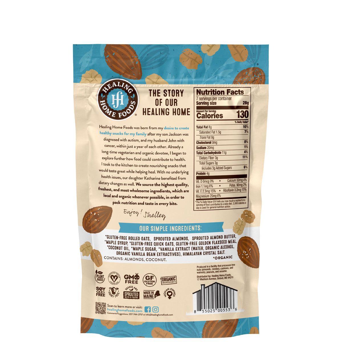 Back of a Healing Home Foods package with text, nutrition facts, and ingredients list.