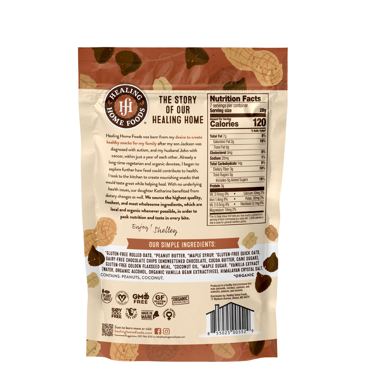 Back of a Healing Home Foods snack package with text and nutrition label.