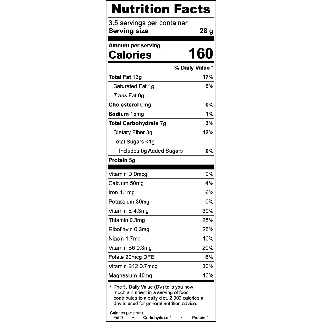 Nutrition facts label for a food product with detailed calorie and nutrient information.