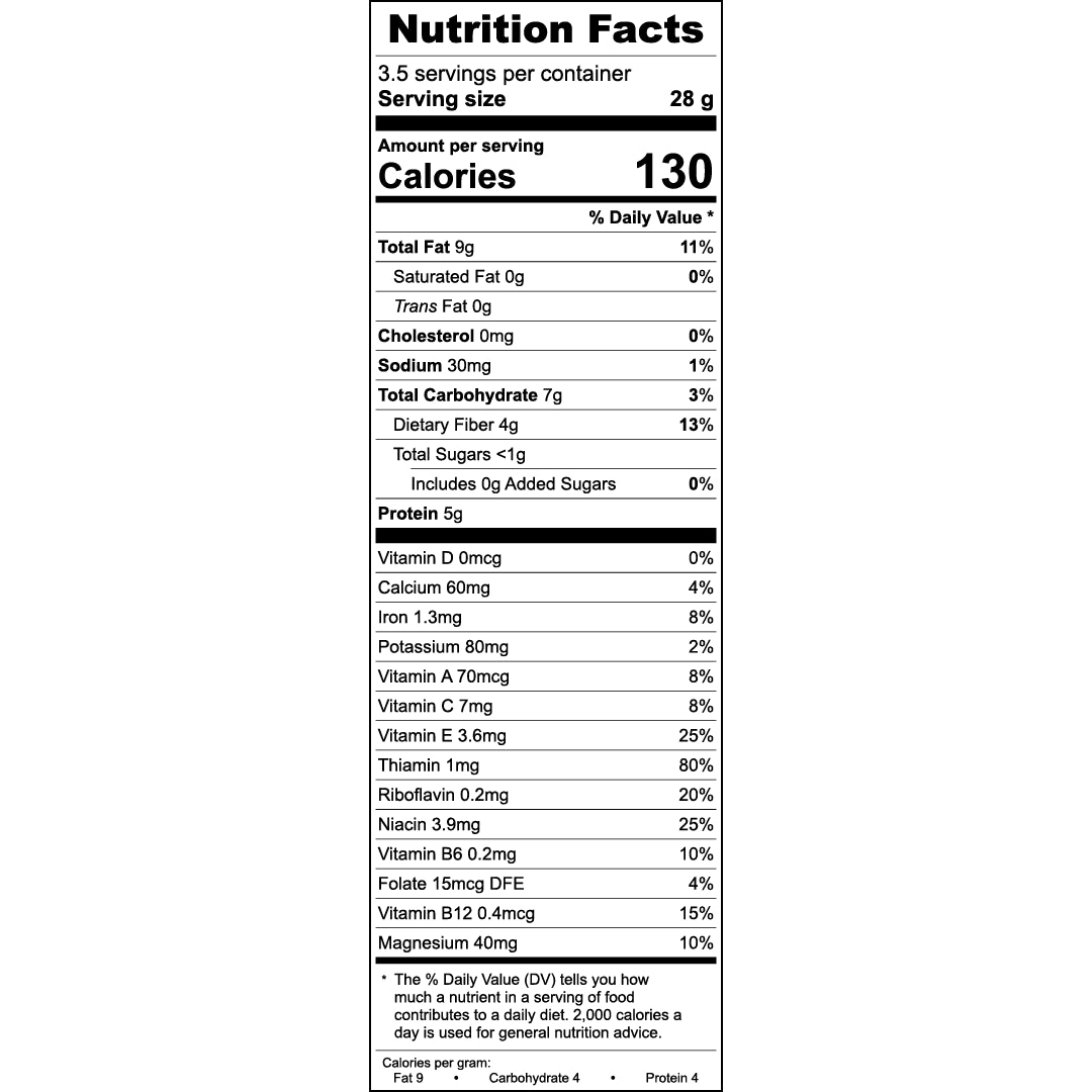 Nutrition facts label for a product with detailed calorie and nutrient information.