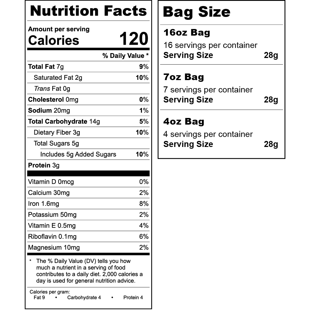 Nutrition facts label and bag size information on a white background