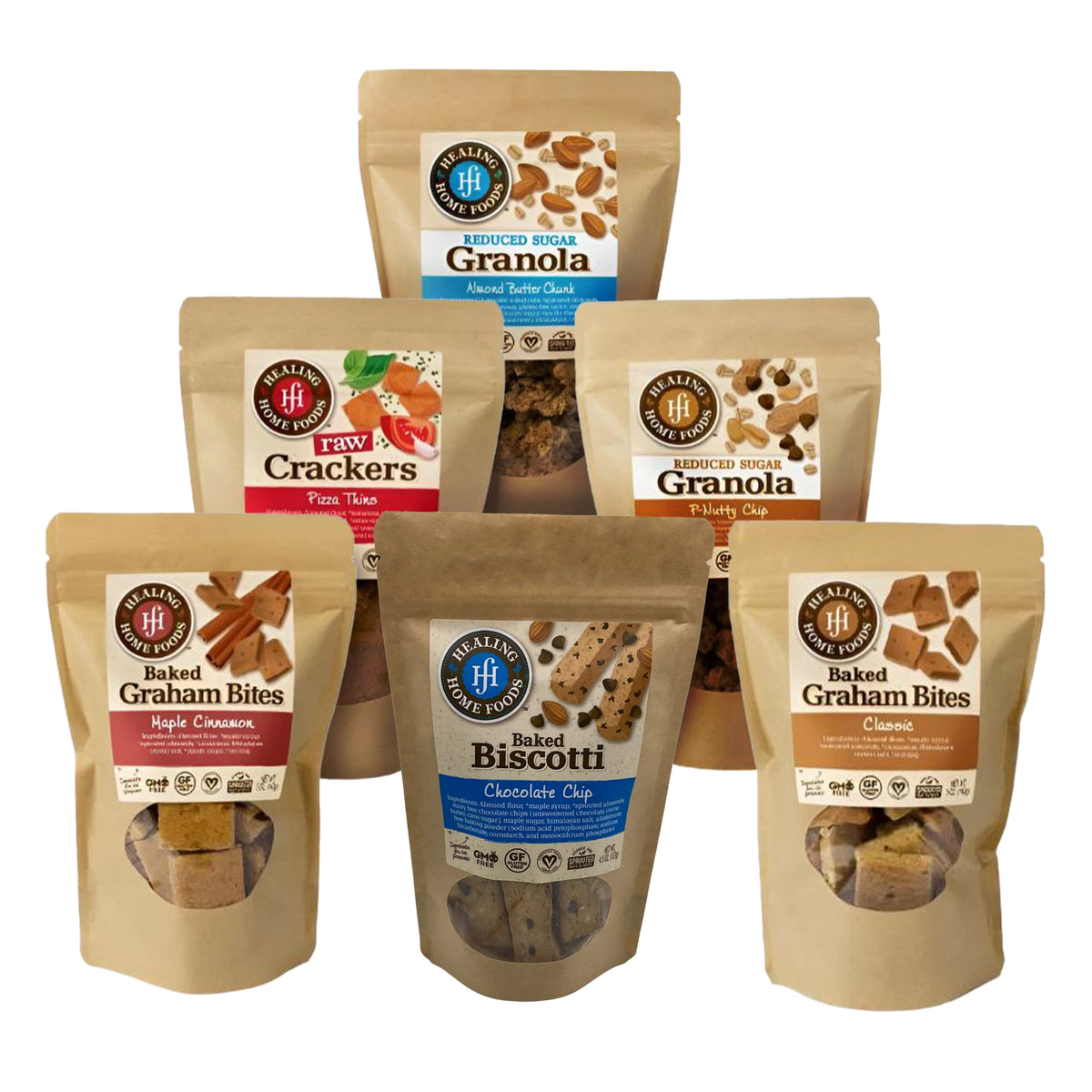 Healing Home Foods’ Subscription Test dog treats in brown resealable bags, featuring a variety of flavors and snacks such as granola, crackers, biscotti, and graham bites, are displayed on a white background.