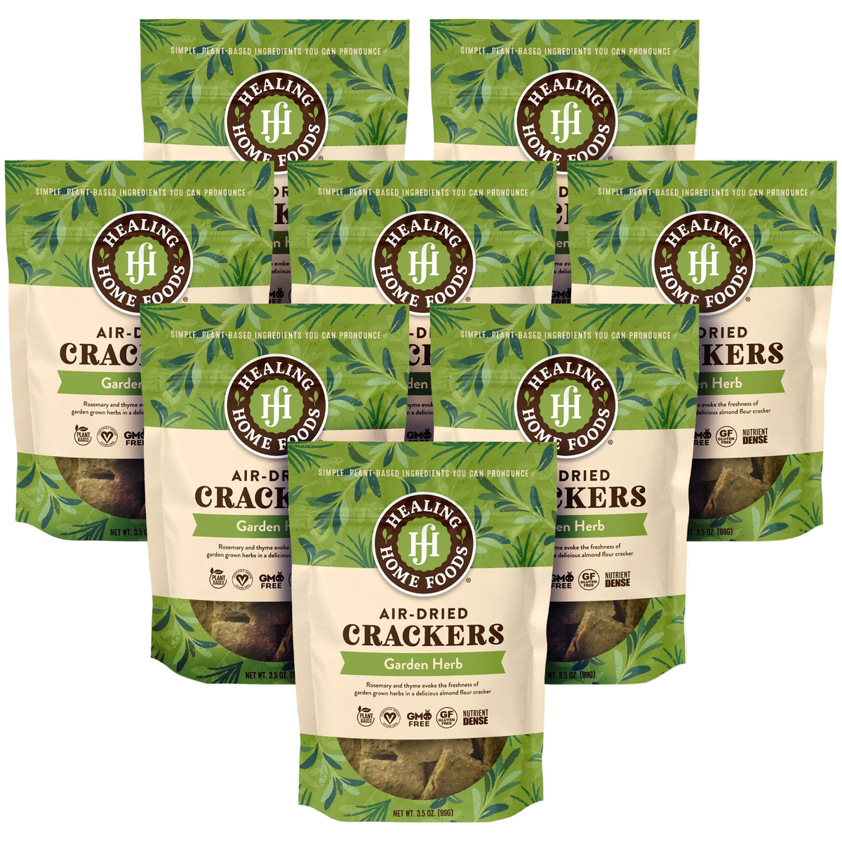 8 packages of Healing Home Foods air-dried crackers on a white background