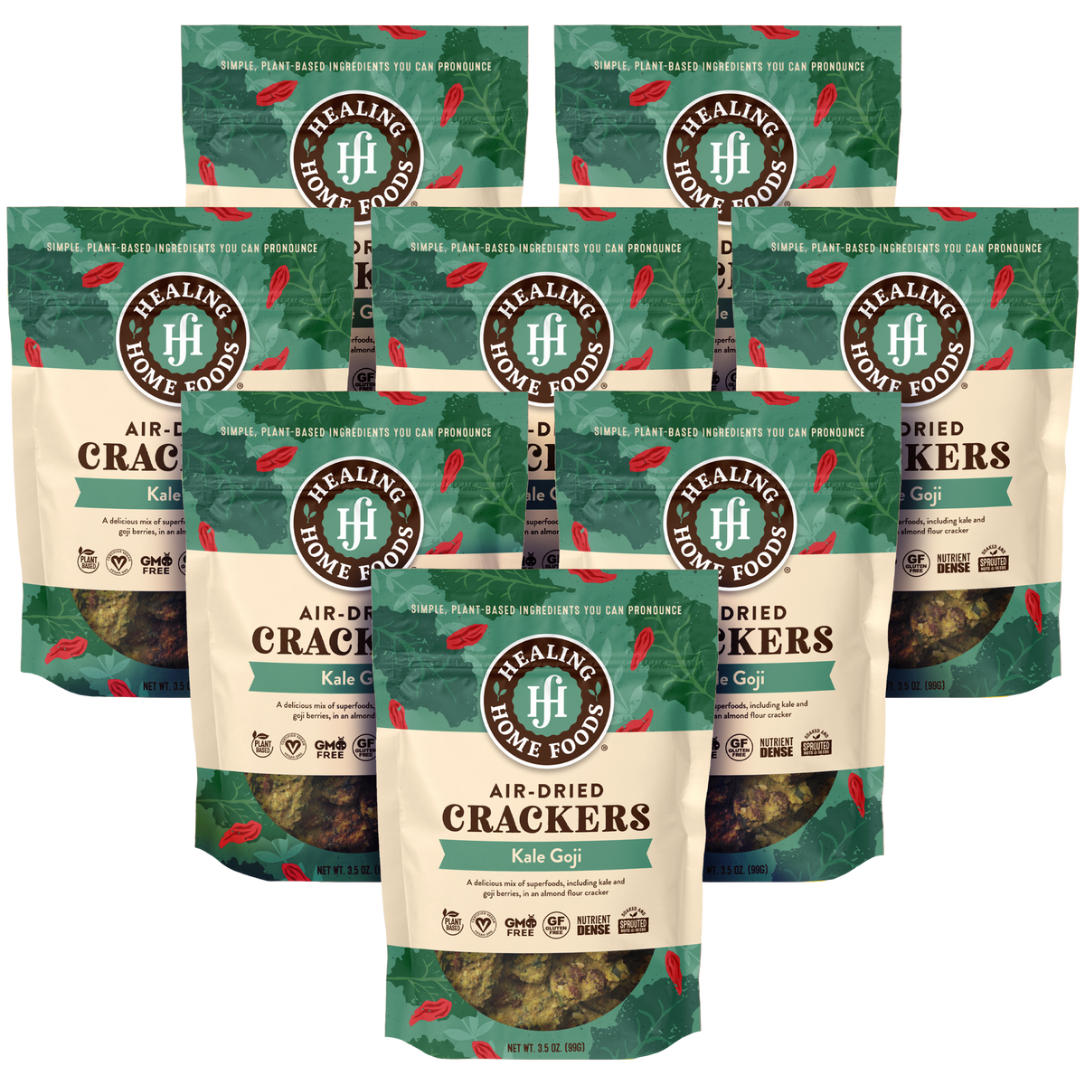 8 packages of Healing Home Foods air-dried crackers on a white background