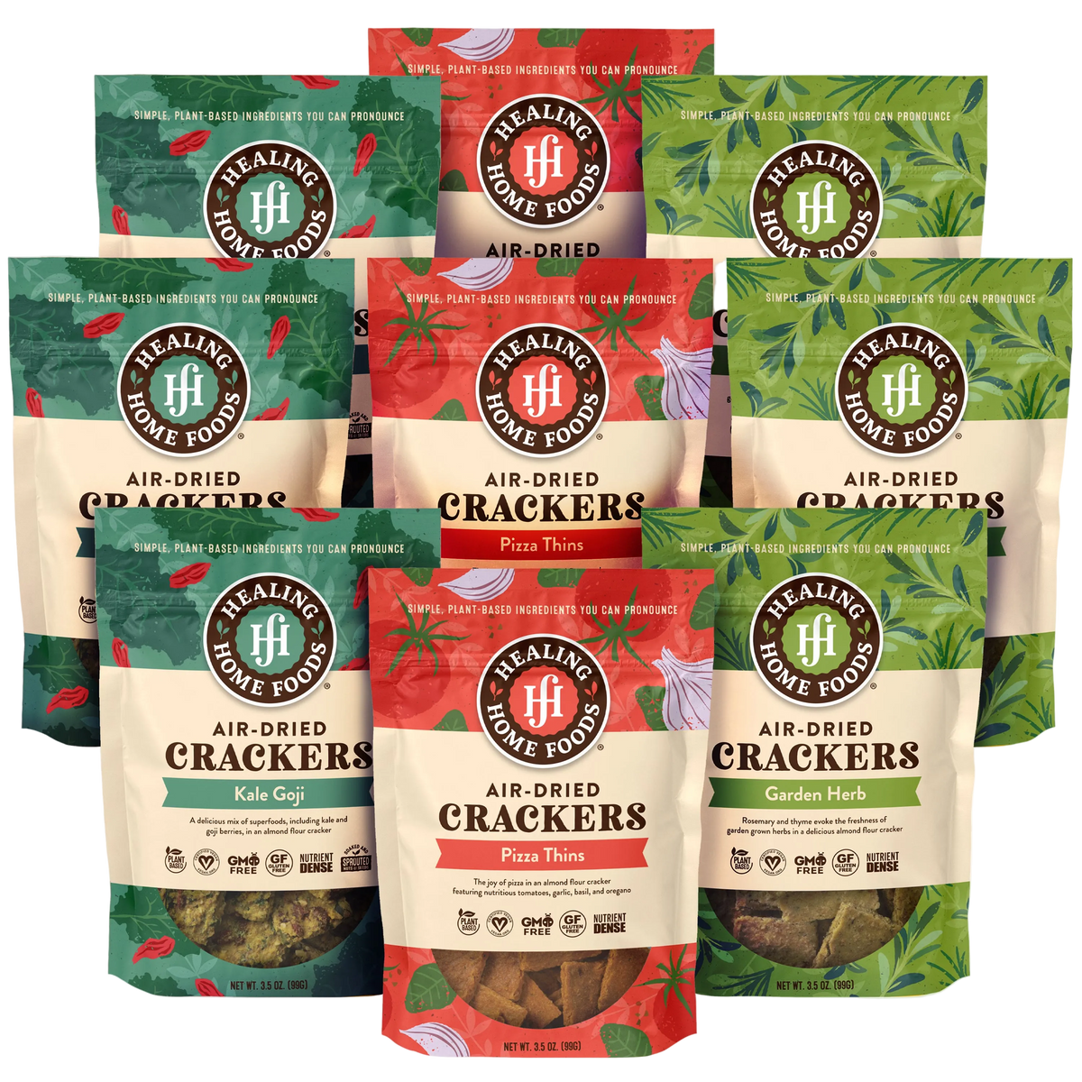 Assorted packages of Healing Home Foods crackers on a white background
