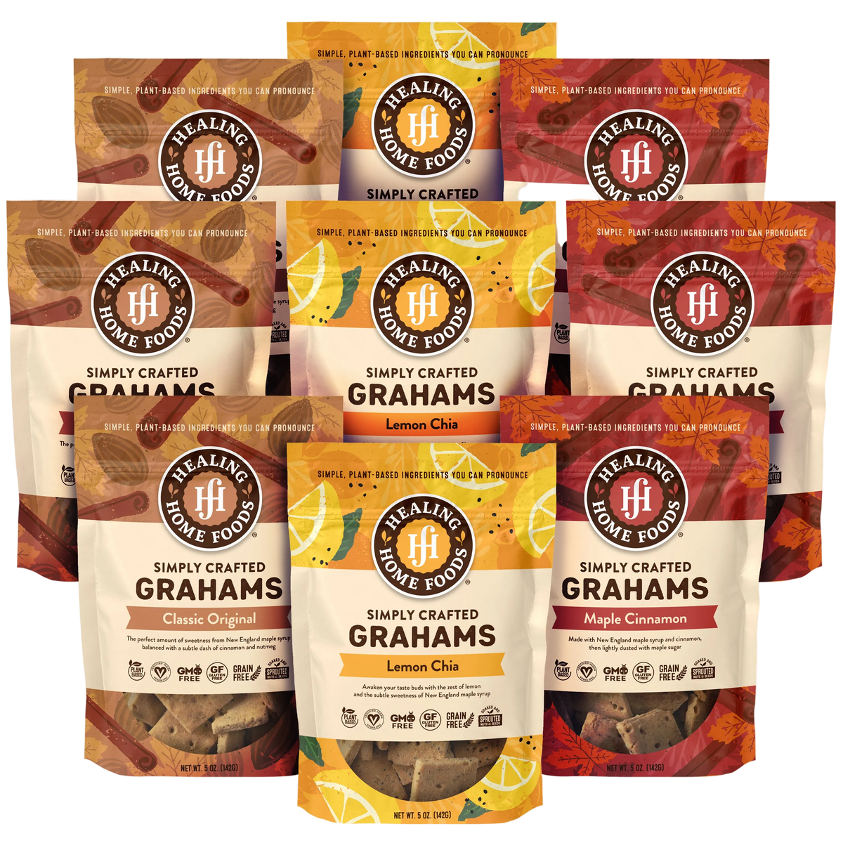 The Healing Home Foods Grahams Subscription Pack features seven bags in three flavors—Classic Original, Lemon Chia, and Maple Cinnamon—arranged in two rows to showcase their vibrant plant-based packaging.