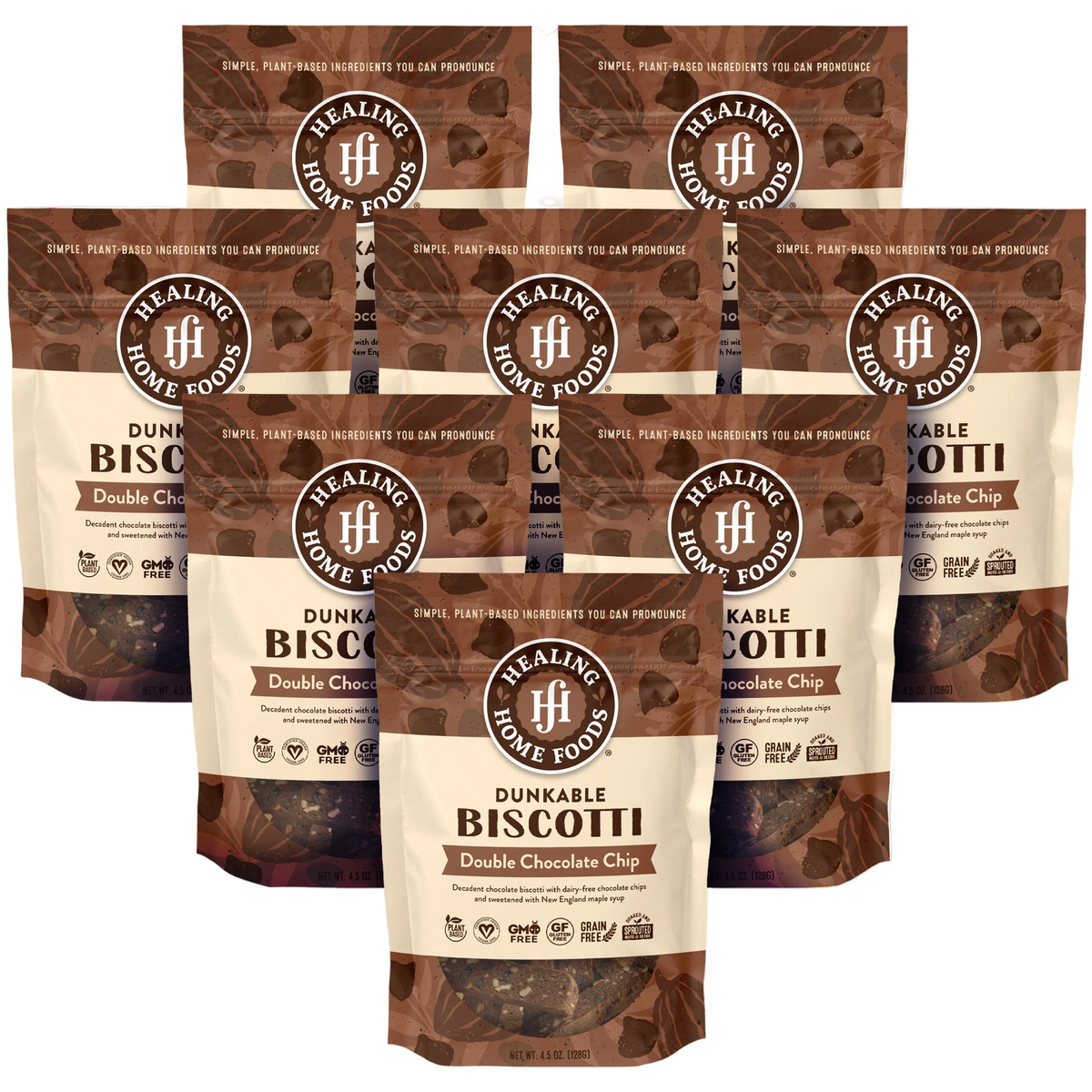 Healing Home Foods 8 Dunkable Biscotti packages on a white background