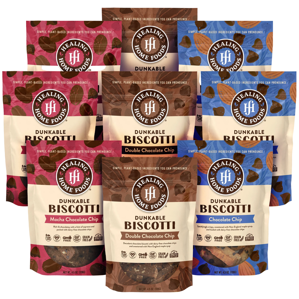 Healing Home Foods Dunkable Biscotti packages in various flavors on a white background
