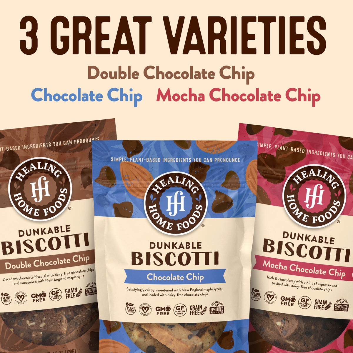 Three varieties of Healing Home Foods Dunkable Biscotti packaging on a beige background.