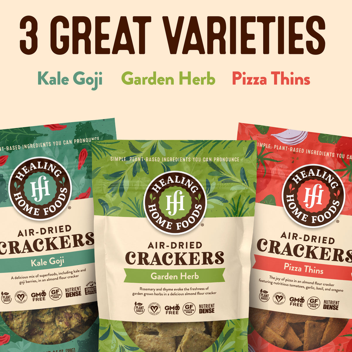 Three varieties of Healing Home Foods air-dried crackers with labels for Kale Goji, Garden Herb, and Pizza Thins.