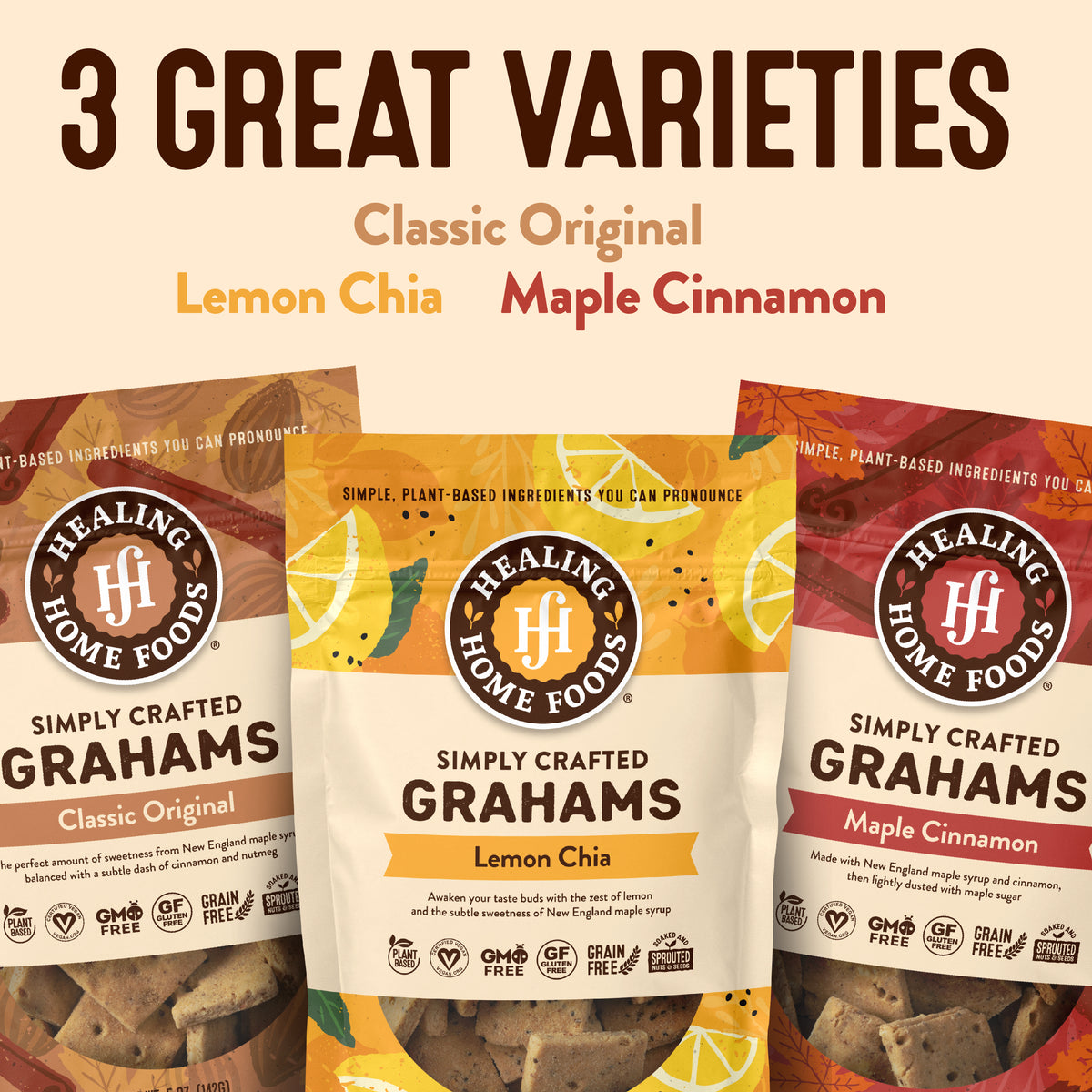 Three varieties of Healing Home Foods Simply Crafter Grahams packaging on a beige background.