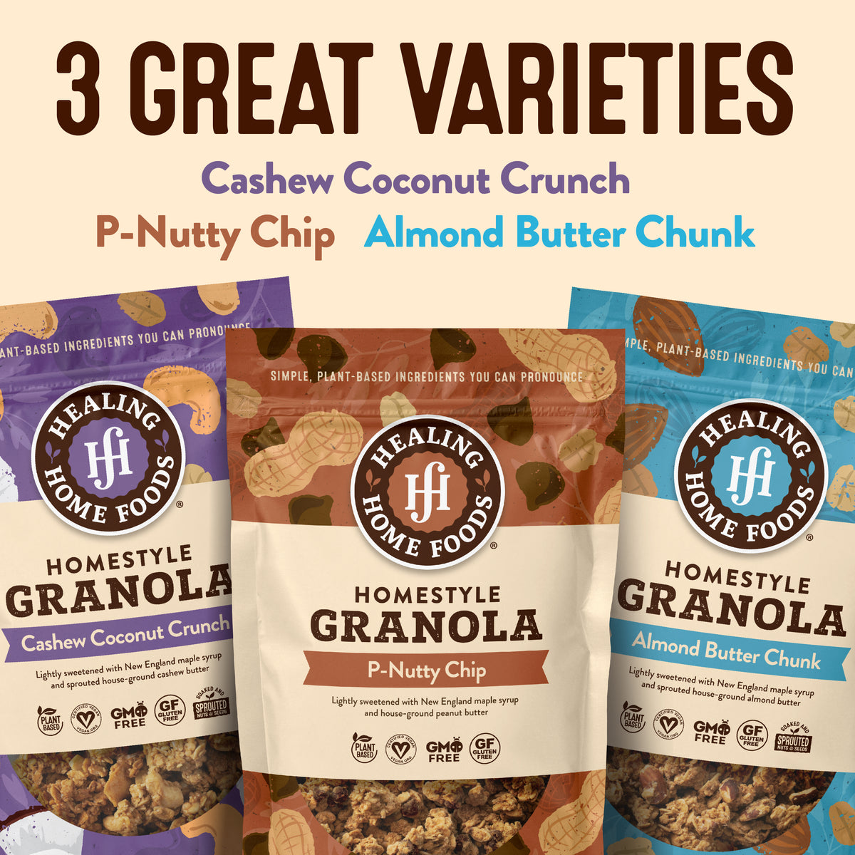 Three varieties of Healing Home Foods Homestyle Granola packages on a white background.