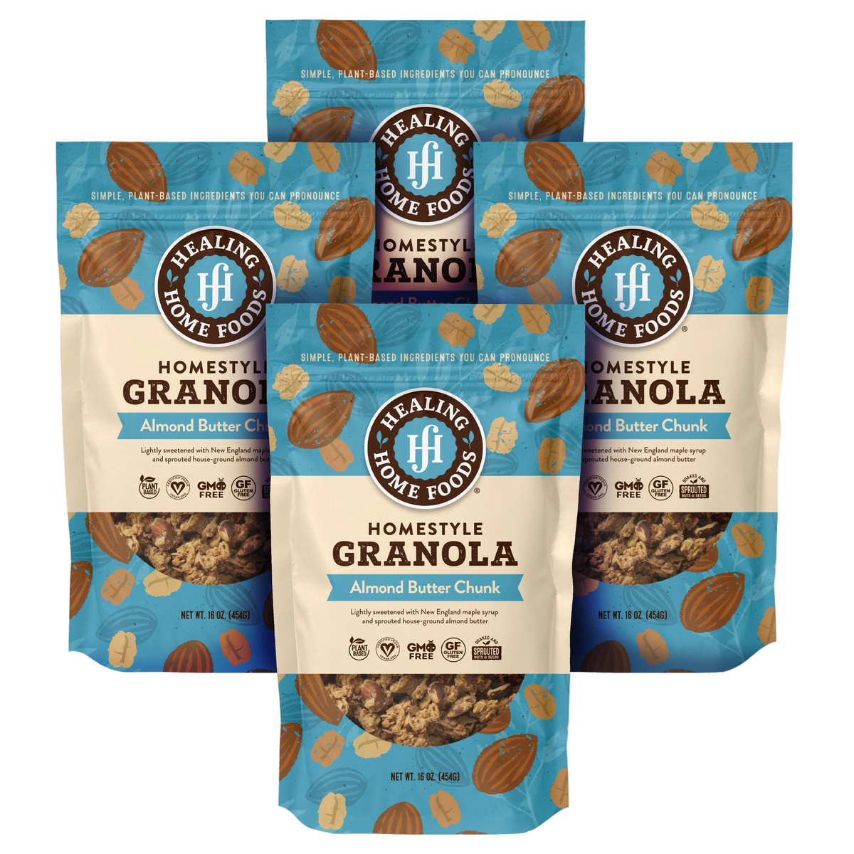 4 packages of Healing Home Foods Homestyle Granola with blue and beige design.