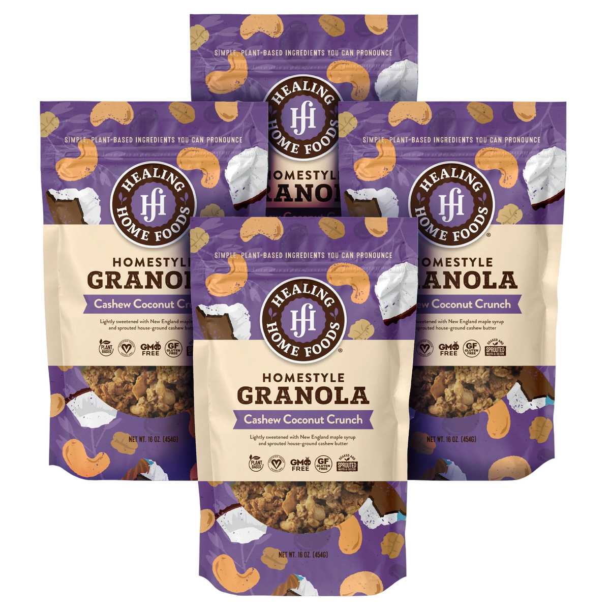 4 packages of Healing Home Foods Homestyle Granola with cashew coconut crunch flavor on a white background.