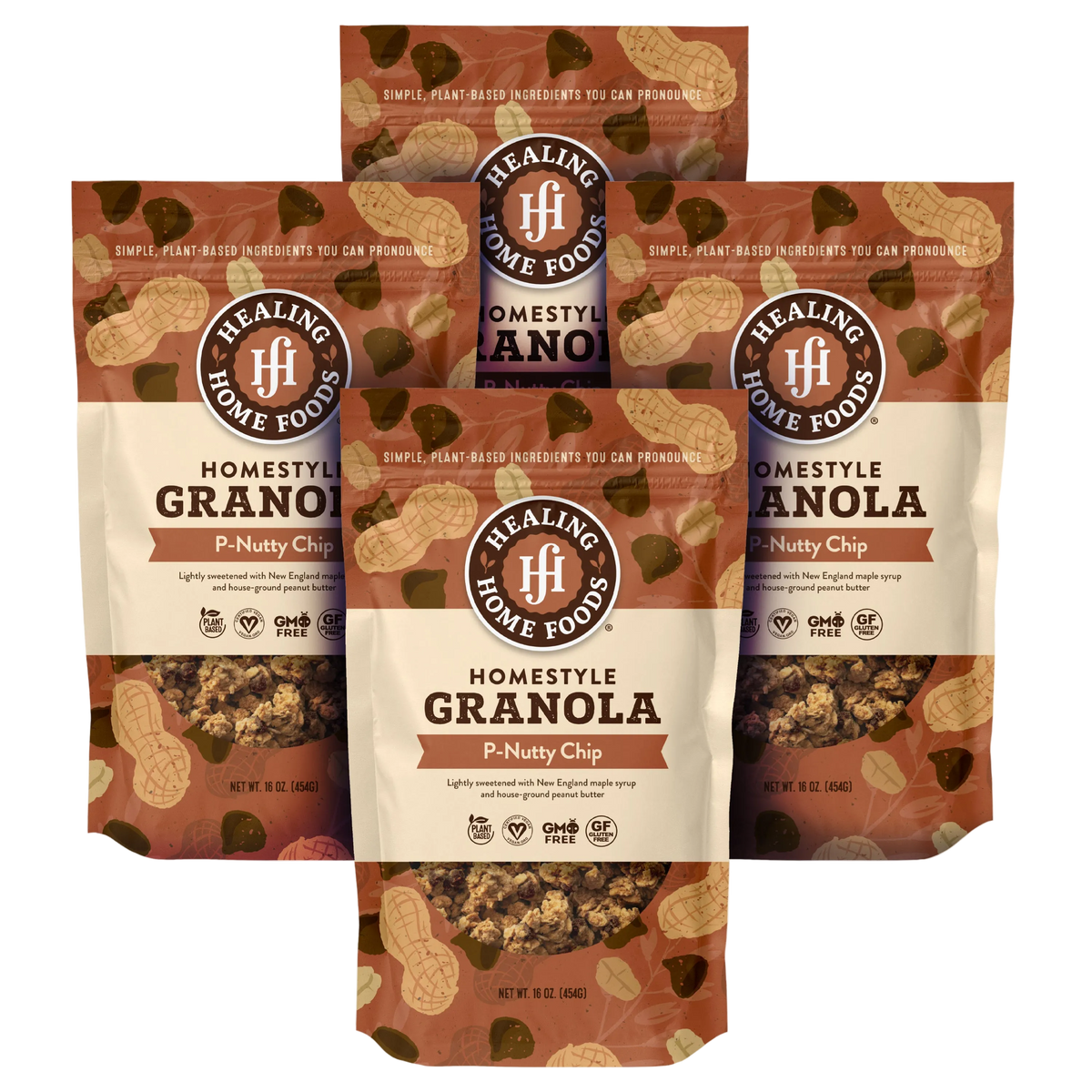 8 packages of Healing Home Foods Homestyle Granola and P-Nutty Chip on a white background
