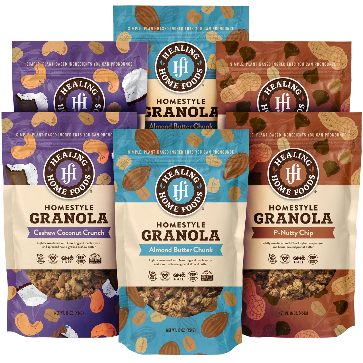Healing Home Foods granola packages in various flavors on a white background