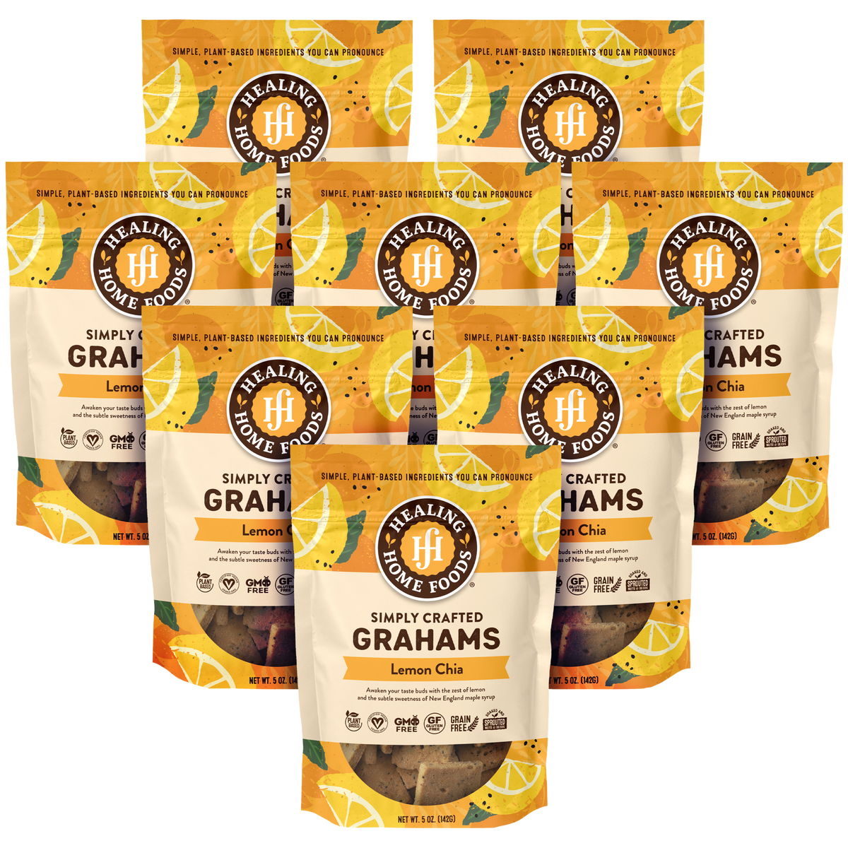8 packages of Healing Home Foods Simply Crafted Grahams Lemon Chia on a white background