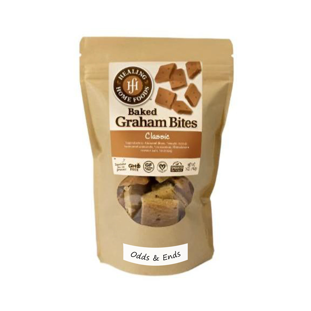 Bag of Healing Home Foods Baked Graham Bites on a white background
