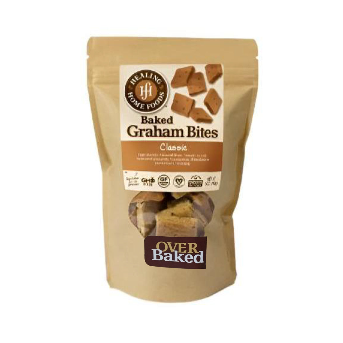 Bag of Baked Graham Bites with 'Healing Home Foods' branding on a white background