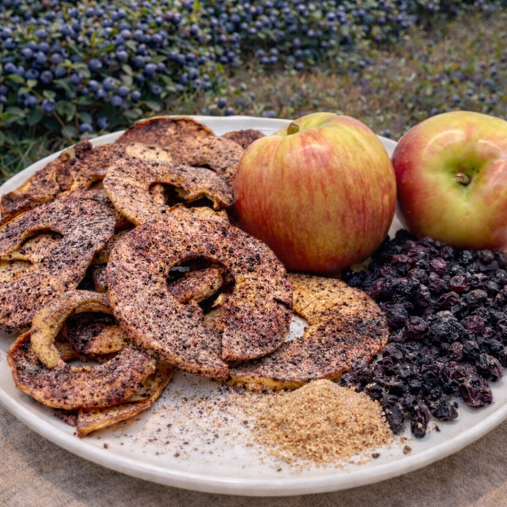 Dried blueberry, ginger, apple slices and apples and berries on a plate with a blueberry field in the background