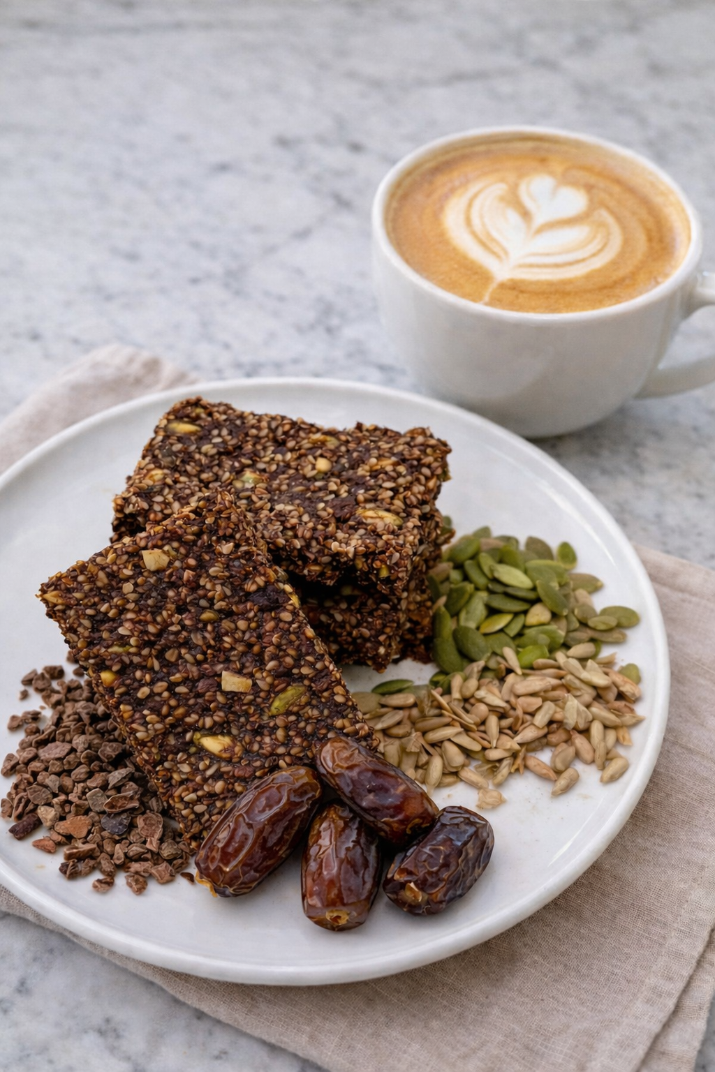 A plate with two Healing Home Foods Chocolate Ridge Bars, cacao nibs, date-sweetened treats, sunflower and pumpkin seeds sits beside a latte with heart-shaped art on a marble surface.